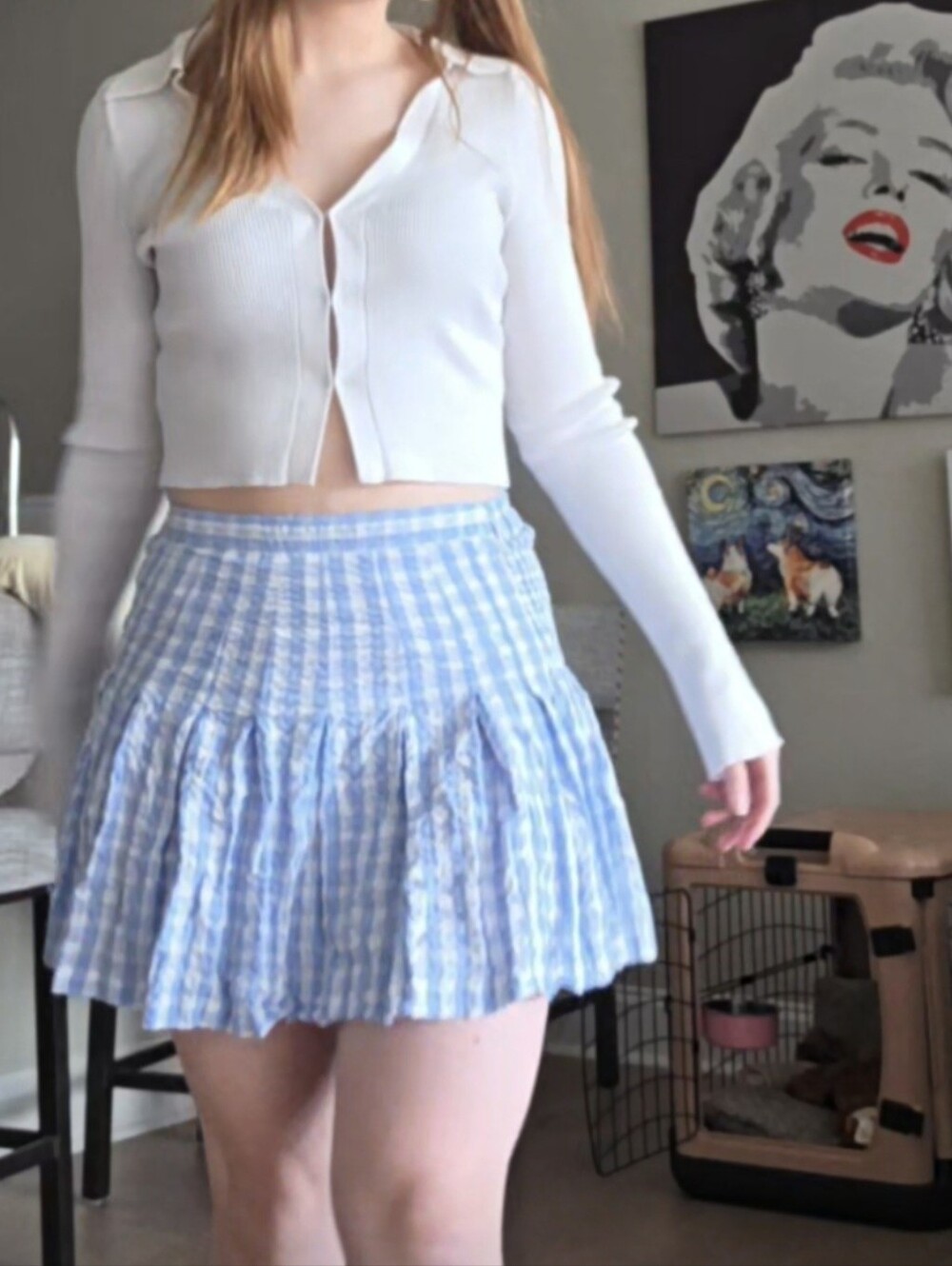 pastel blue and white plaid skirt
